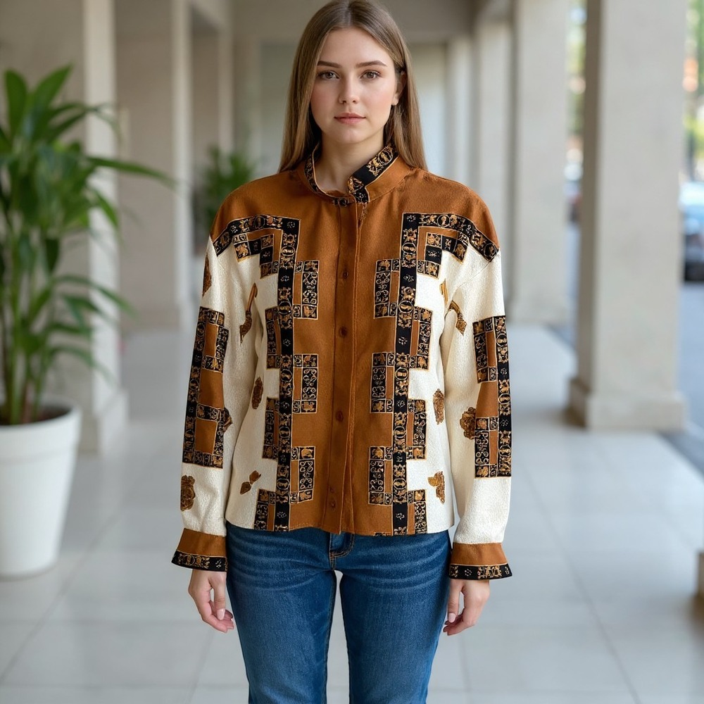 Adrianna Papell Vintage Silk Blouse Brown Gold Baroque Print Button Front Top 8